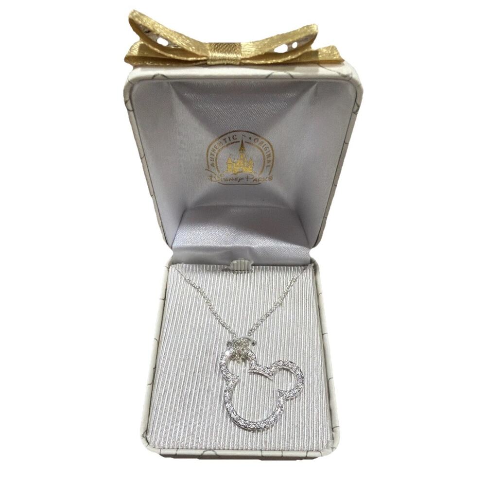 Disney Parks Mickey Crystal Pendant Necklace Silver Tone NIB